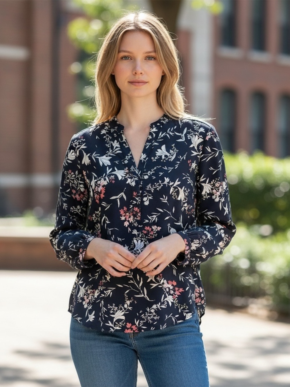 Hilary Radley Navy Floral Split V-Neck Blouse